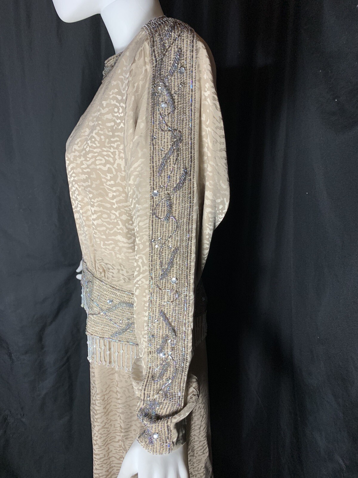 Vintage Heavy Beaded Dynasty Taupe Silk Dress Designer D’ore Animal Print Sz 14