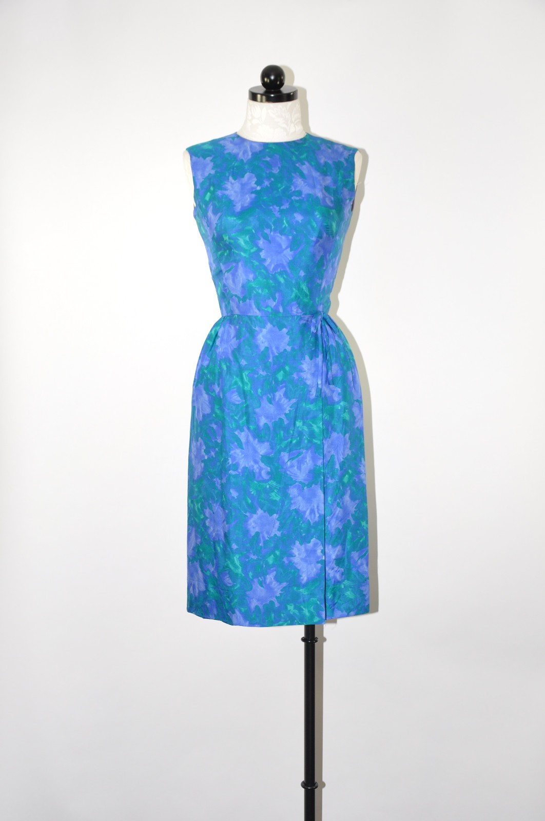 60s Vintage Iridescent Peacock Blue Silk Floral Cocktail Wiggle Dress Women XS S