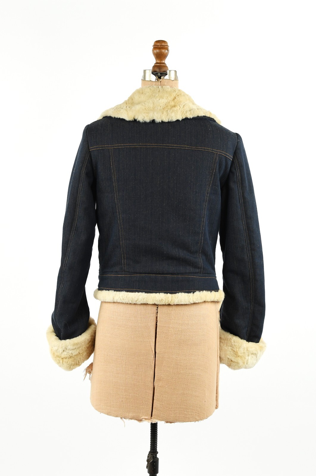 Vintage 90s French Dark Denim Faux Sherpa Princess Trim Bomber Coat Y2K Jacket M
