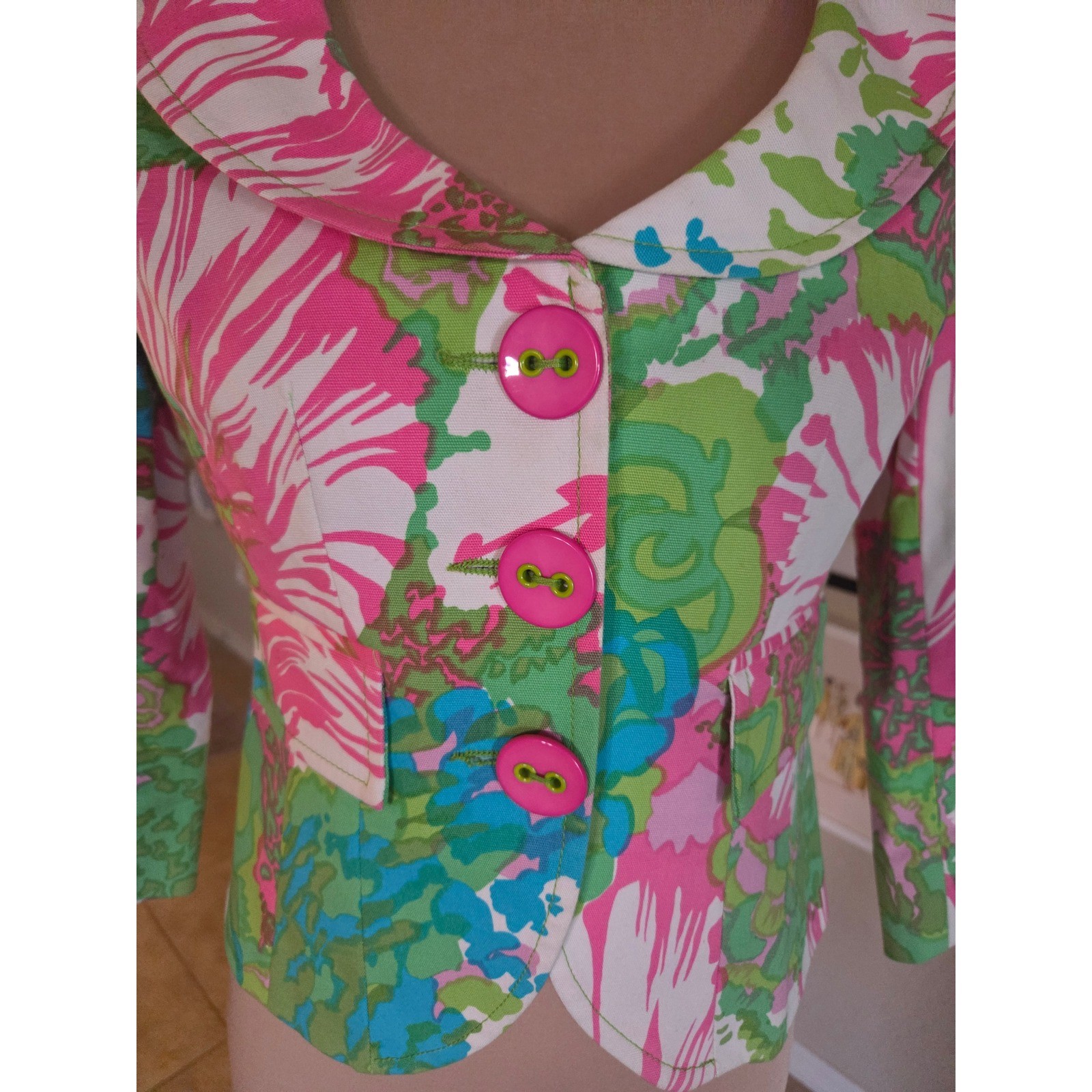 Nanette Lepore Y2K Pink Green Floral Psychedelic Blazer Jacket 4 Made in USA