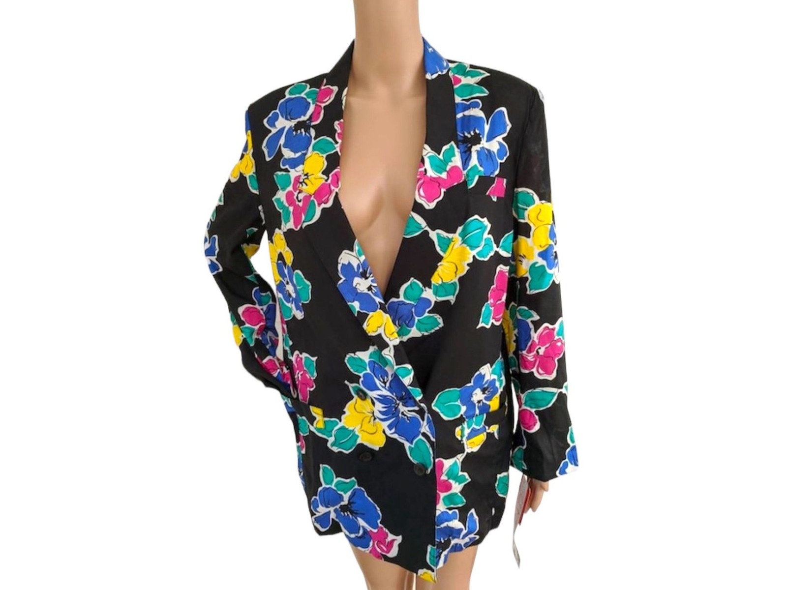 80s Black Floral Jacket Top Bright Print 8 New