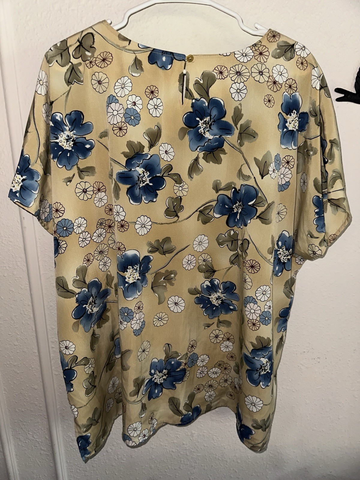 Vintage 90s Maggie Sweet 3X Daisy Wheel Taupe Sand Blue Floral Crepon Blouse