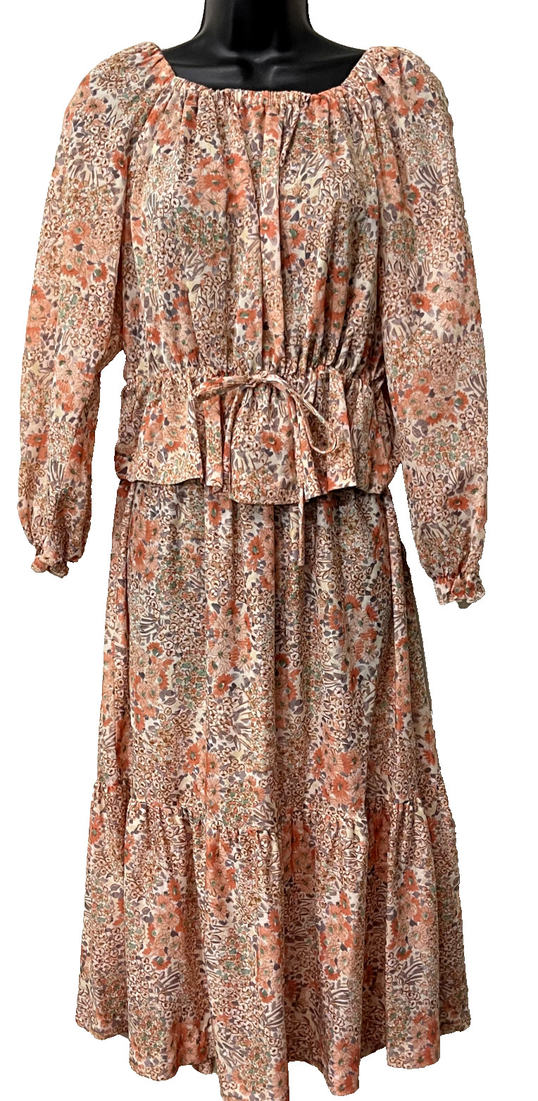 Vintage Jean Leslie Floral Boho Skirt Set Dress 70s Hippie Festival S/M