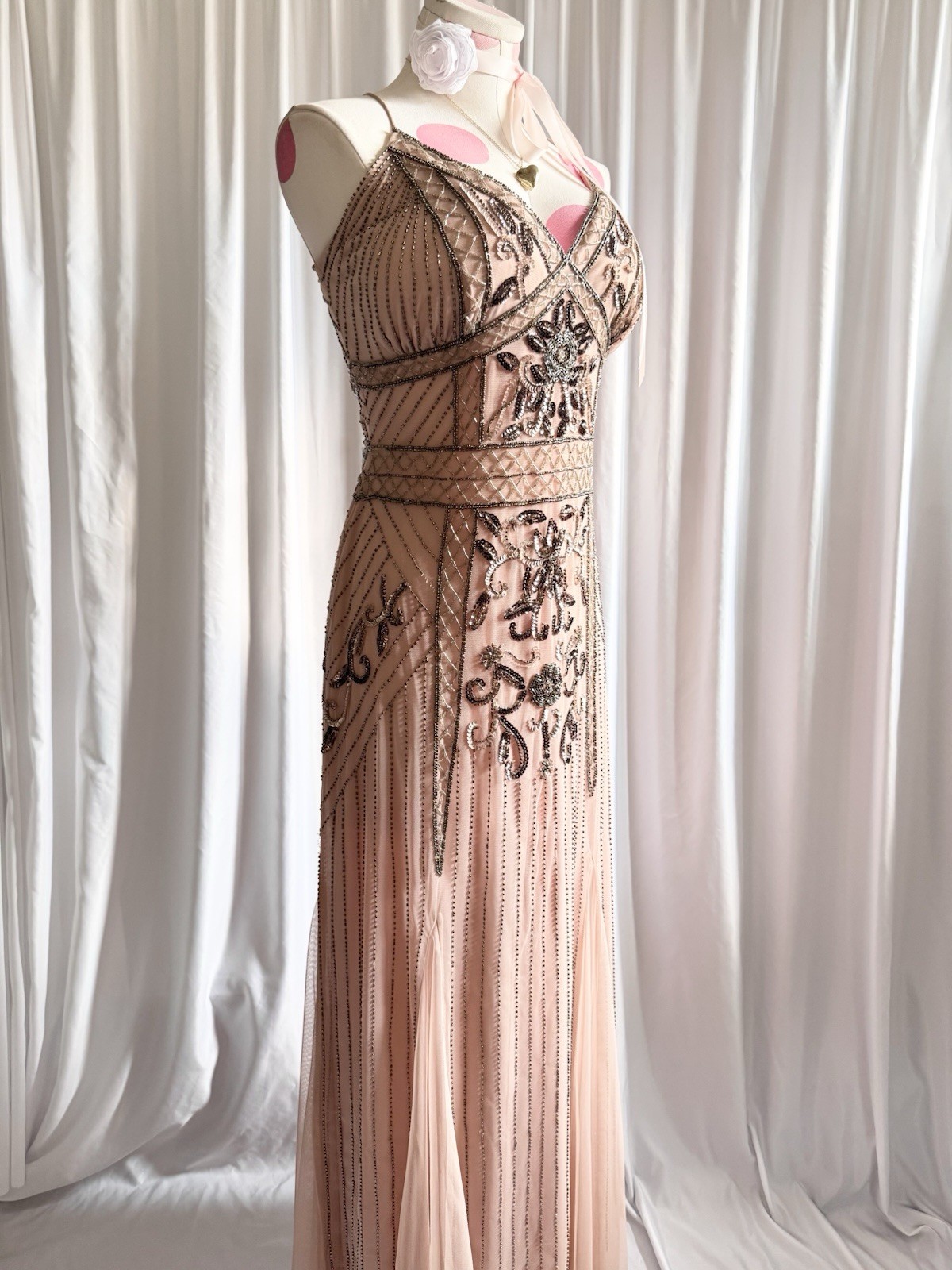 Vintage Pink Silver Fairy Beaded Sequin Ruffle Princess Formal Gown Dress 15/16