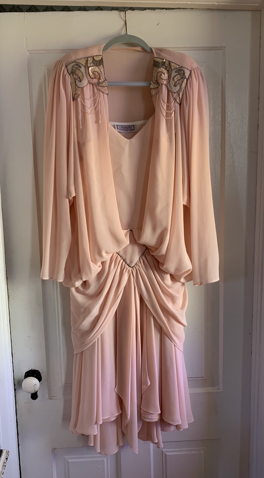 Vintage Casadei Pearl Beaded Pink Ruched Drop Waist Dress Size 40” Bust