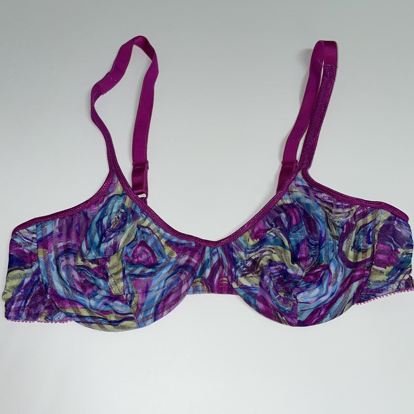 Vtg VASSARETTE Bra 36B Nylon Purple Semi Sheer Underwire Shimmer Floral 75-137