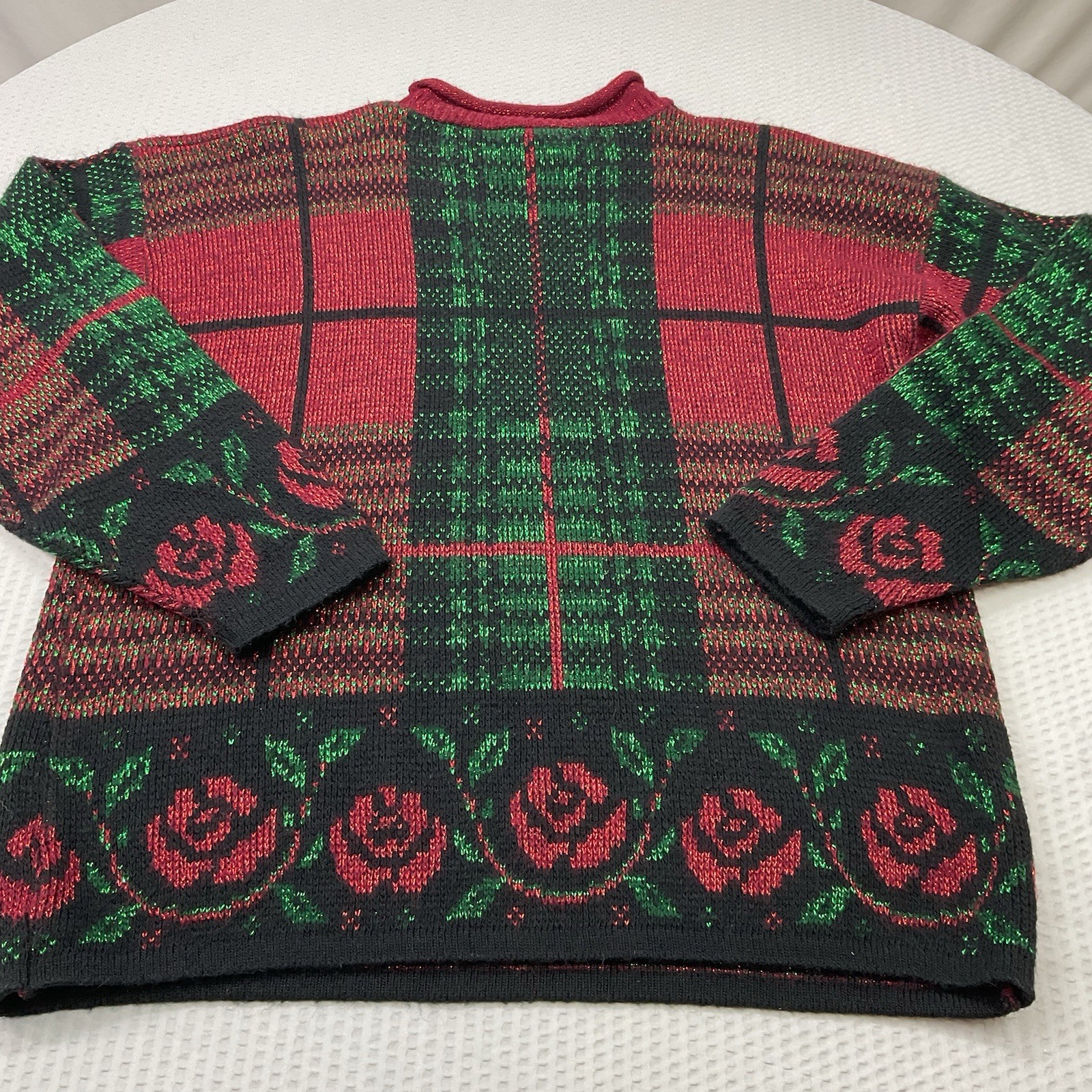 vintage Holiday Time acrylic plaid sweater with a rose design.