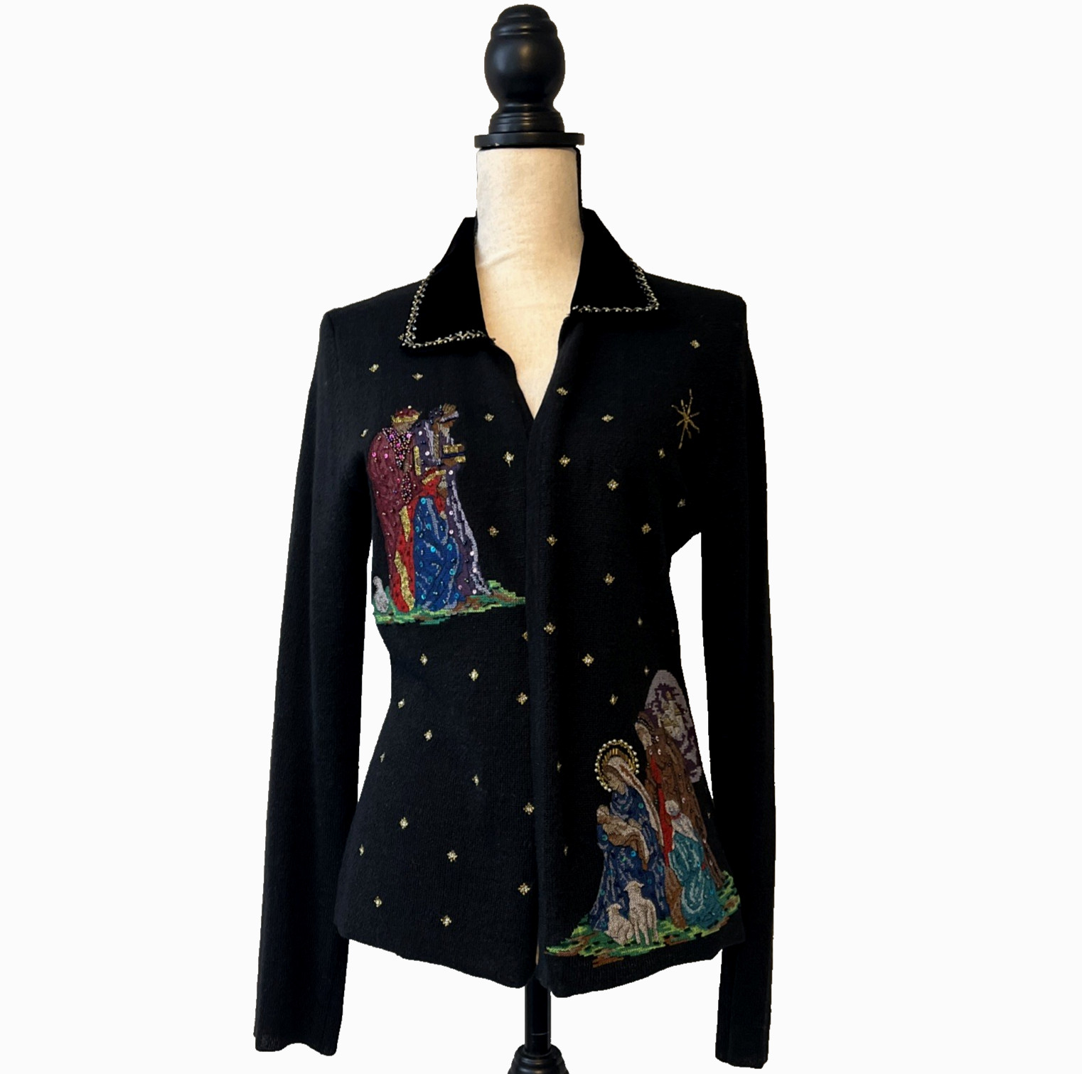 VTG 90s Sharon Young Ramie/Rayon Holiday Velvet Trim Sweater Women’s M Nativity