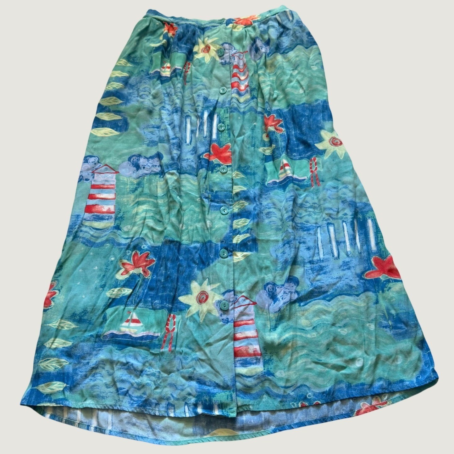 Vintage Chic of California Nautical Lighthouse Rayon Button Front Midi Skirt 8