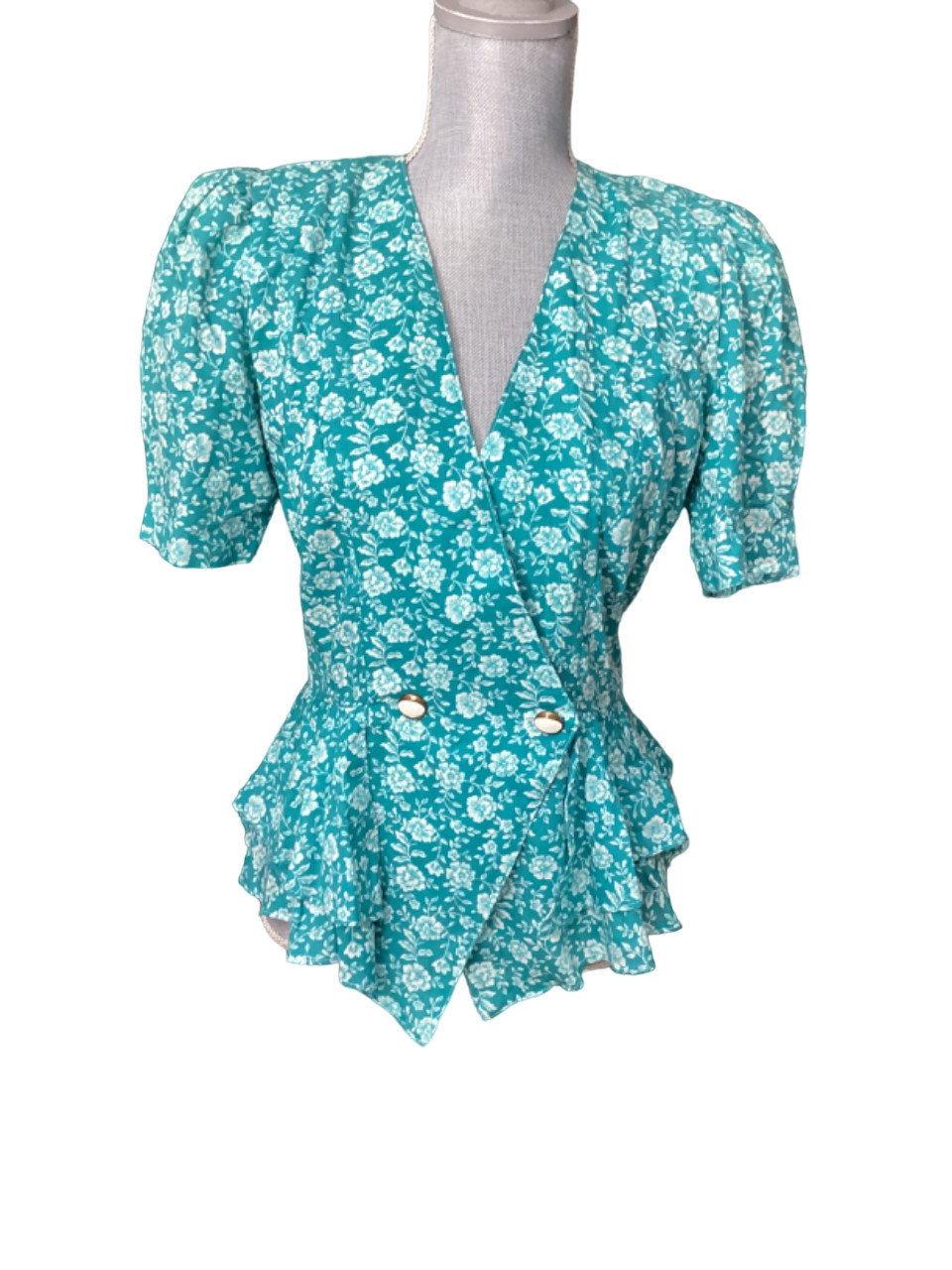 Vintage Caroline Wells Blouse S Wrap Style Top Shoulder Pads V Neck Cottage Core
