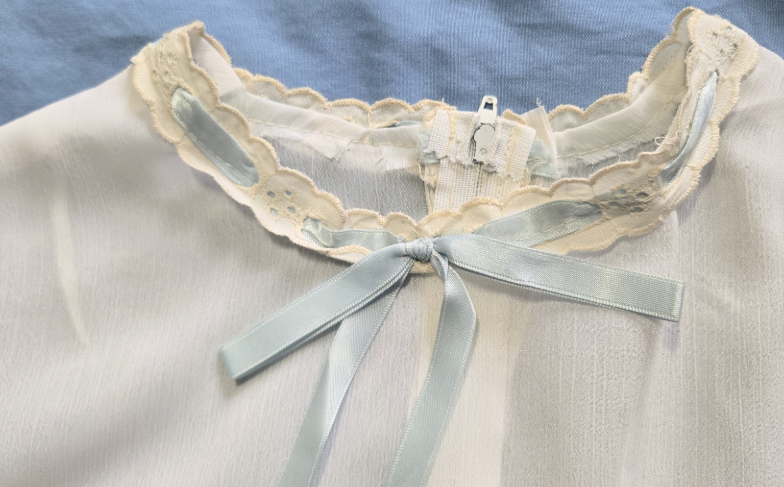 Vintage Simple White Puff Sleeve Circle Skirt Dress with Blue Ribbon Handmade
