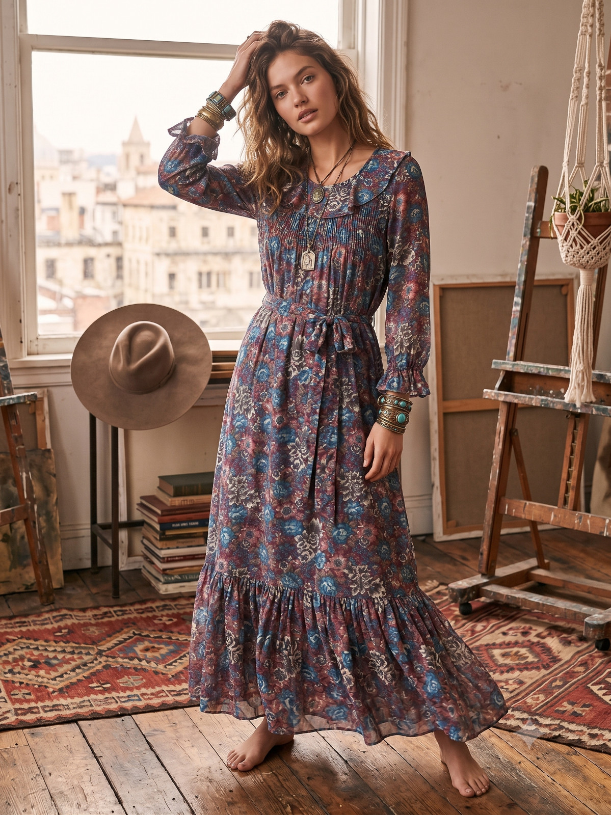 Vintage 1970S Cotton Voile Brown And Blue Floral Maxi Dress With Ruffle Hem