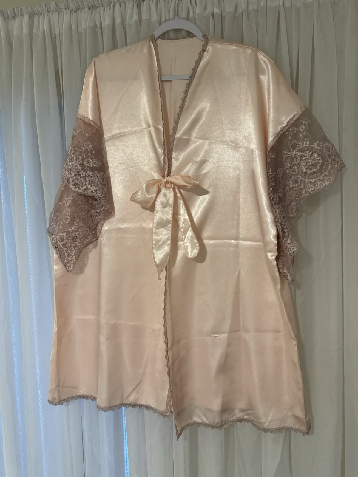 Vtg Lady cameo Dallas Peach Peignoir Robe Victorian Floral Lace O/S