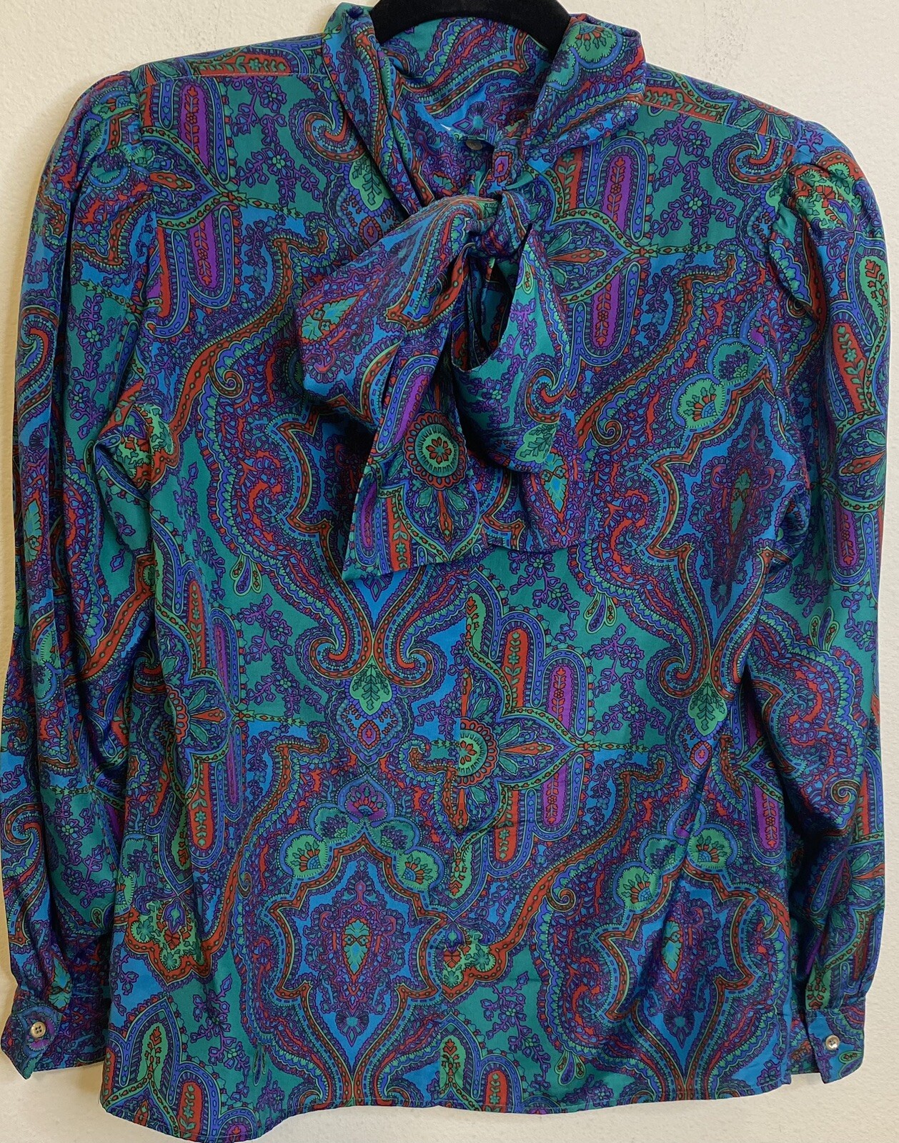 Vintage Secretary Blouse Pussycat Bow Paisley Vibrant Blouse Shirt Long Sleeve