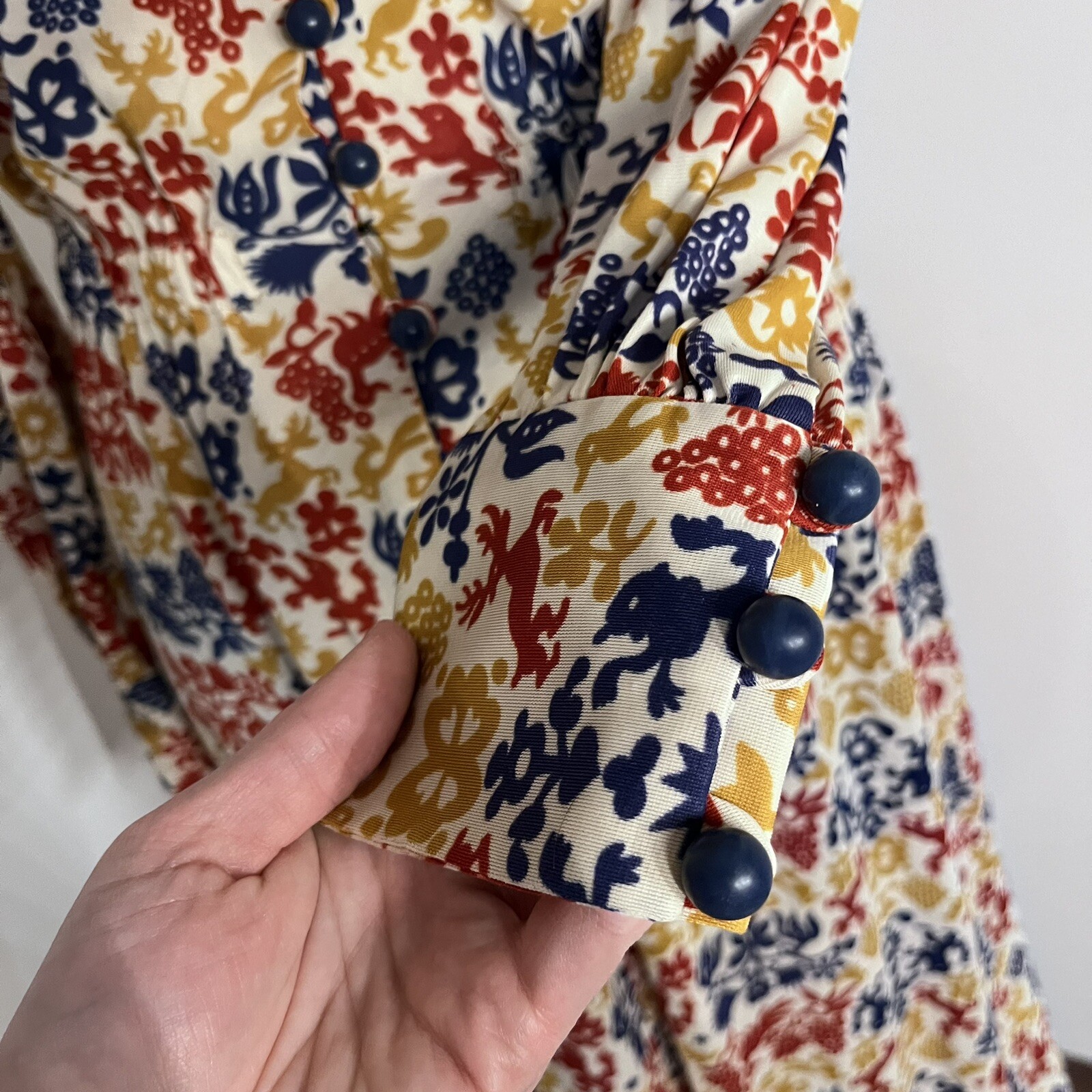 Vintage Homemade Modest Boho Peasant Dress Patterned Long Sleeve 70s