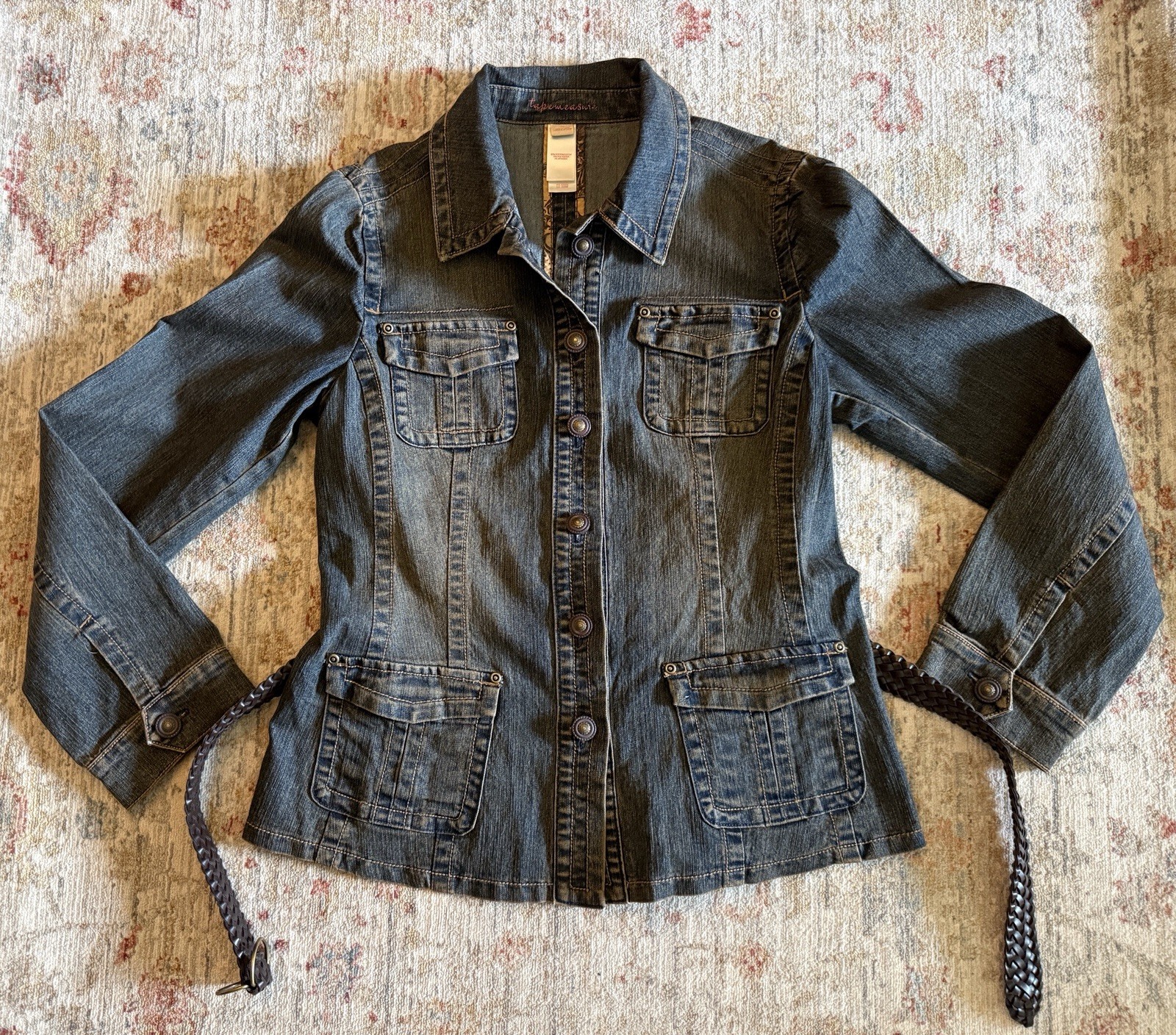 Vintage TapeMeasure Denim Jacket Belted Stretchy Blue Brown Pockets Women 10 EUC