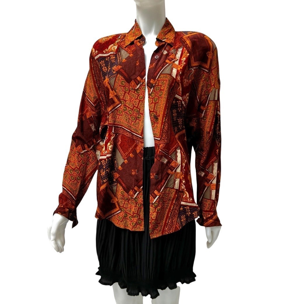 VTG Linda Allard Ellen Tracy Silk Blouse Scarf Print Office Siren 90’s 12 Tall