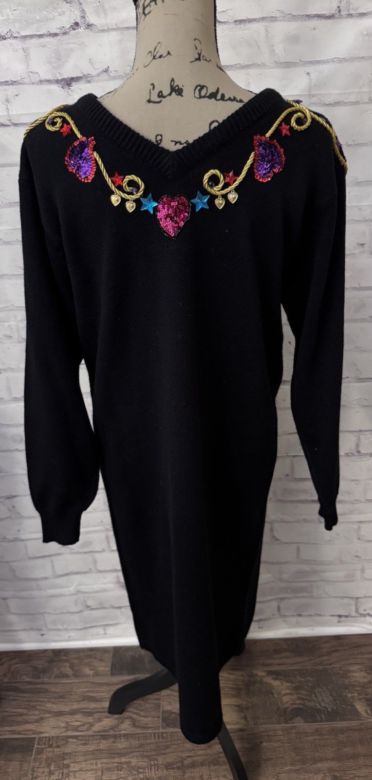 Plain Jane Sz L Black Sweater Dress Ugly Retro Maximalist Bling Sequin Novelty