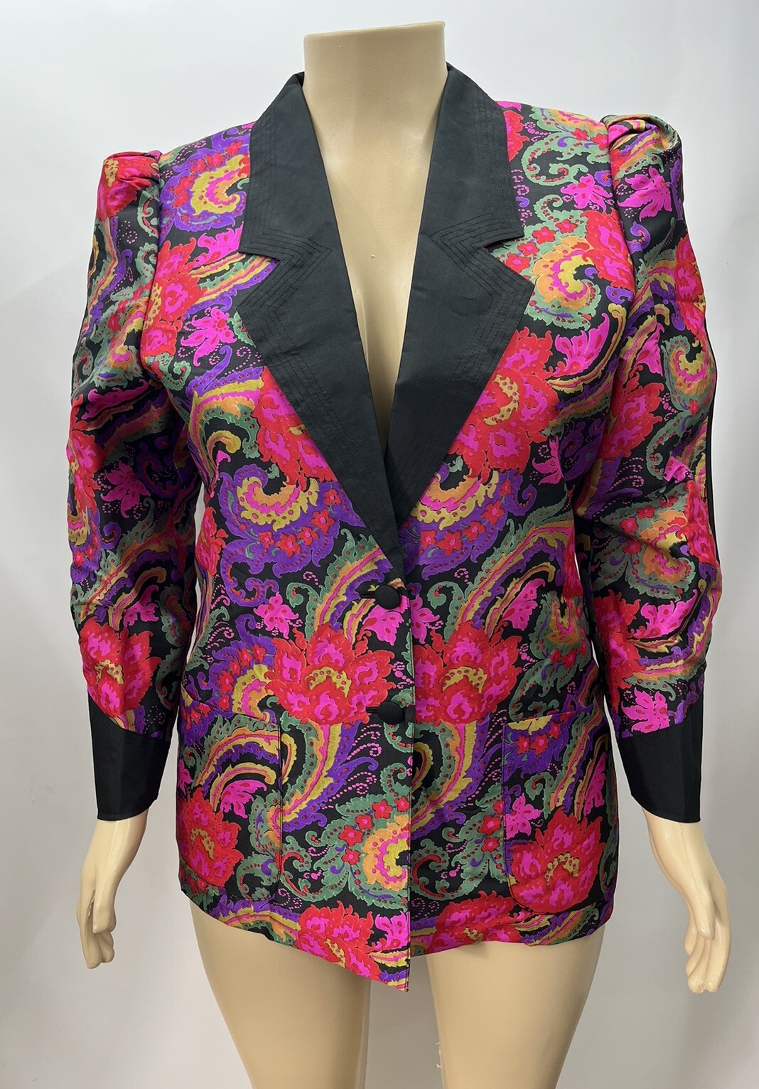 Vintage 80s Thai Silk Multicolor Paisley Womens Jacket Split Sleeve Pockets 12