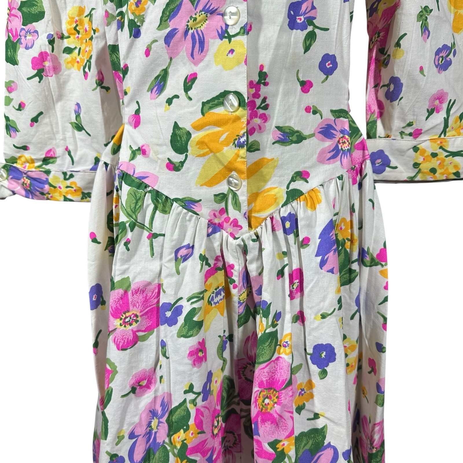 Vtg 80s Cottagecore White Pink Floral Midi Dress Drop Waist Shoulder Pads Sz 12