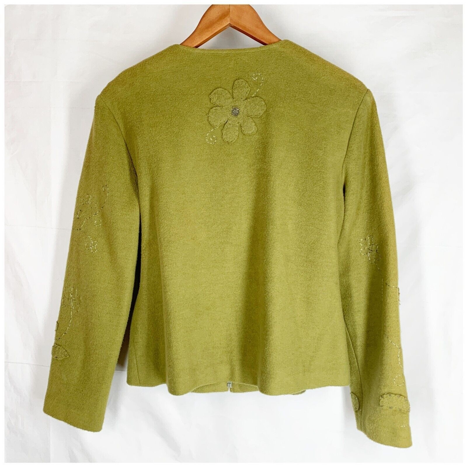 Vintage 70s Boho Jacket 6 Olive Green Cotton Applique Flowers Classy Hippie