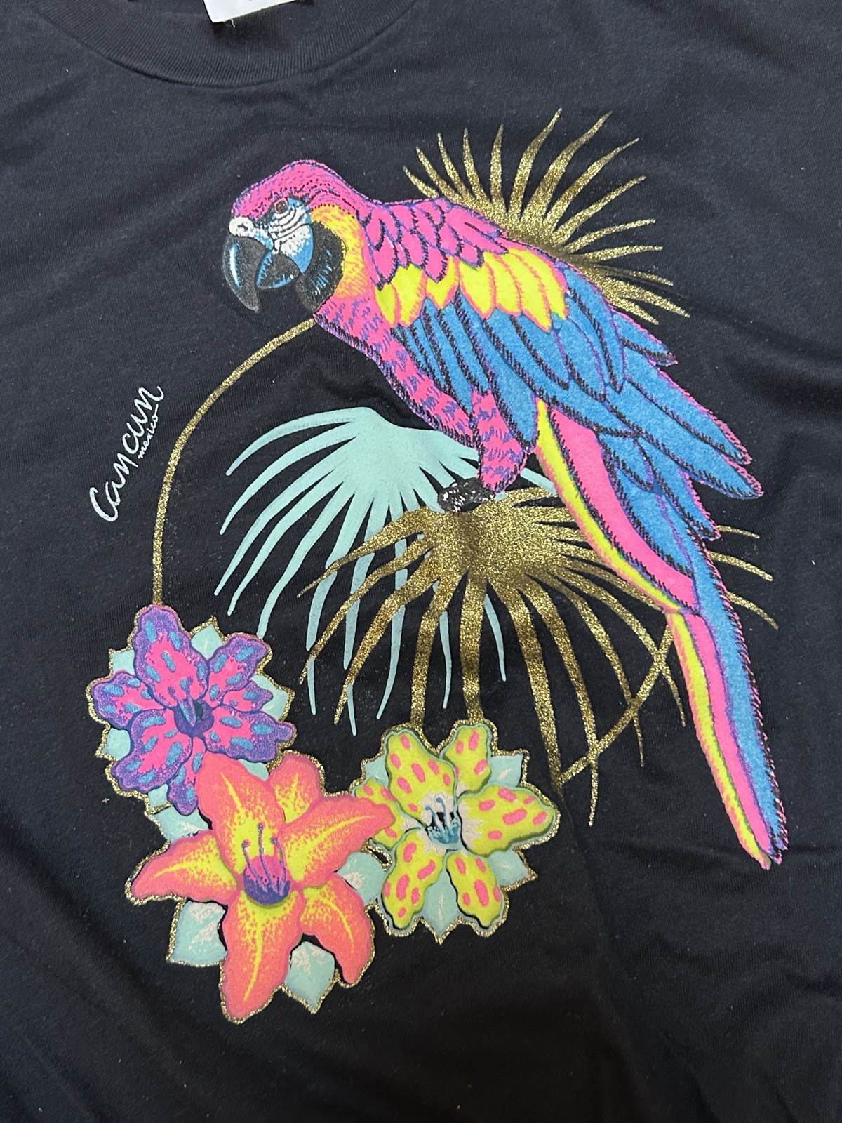 Vintage Cancun Parrot Tee Dress Art Style Black Cinched Waist Vibe Beach