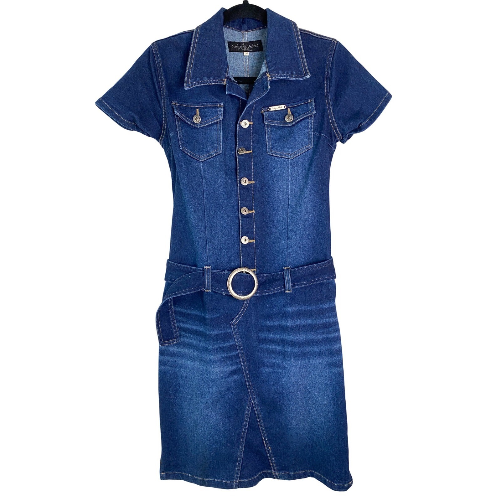 Baby Phat Y2K Denim Mini Dress M Blue Jean Belted Embroidered Cat Fitted Rare