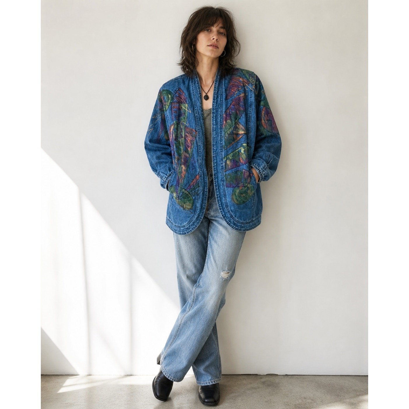 Vintage 80s Denim Jacket Size small Made USA Handpainted Retro Era Unique