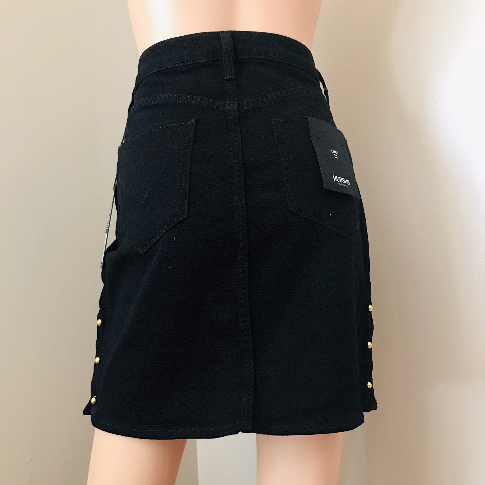 Hudson Women’s Gold Pierced Stretch Black Denim Skirt Sz 27 Urban Night NWT $225