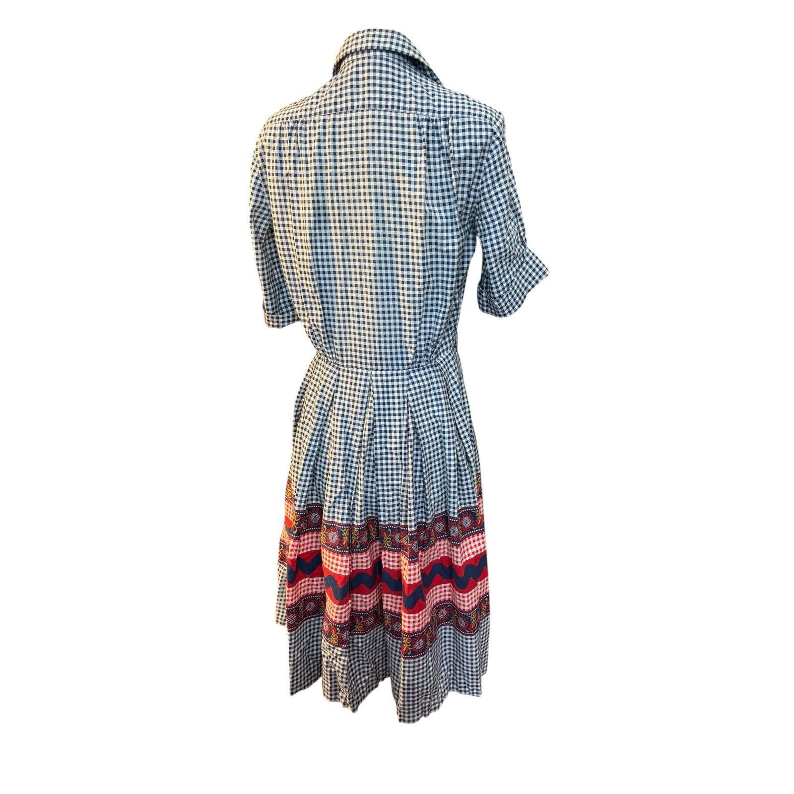 Gingham Shirtwaist Dress Red Border Prairie 70s Cottagecore Fit & Flare USA