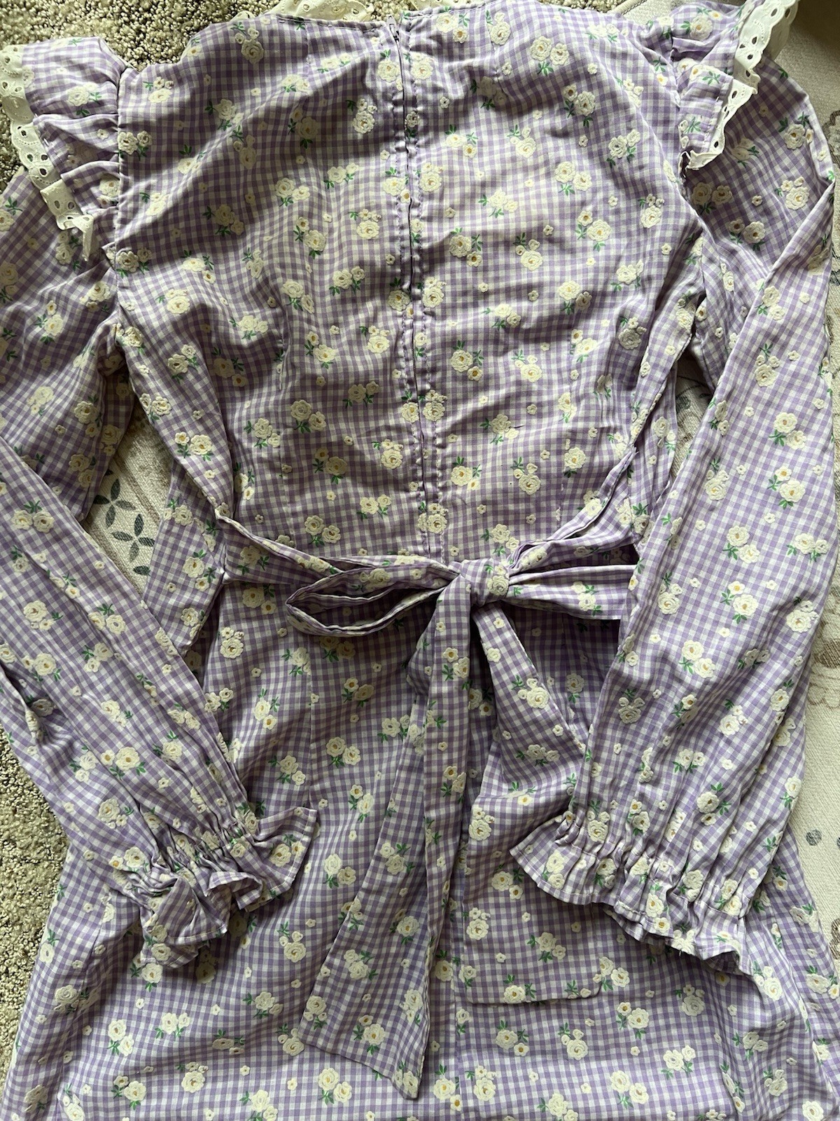 Vintage 1970s Lilac White Gingham Floral Cotton Tieback Dress M/L Homemade