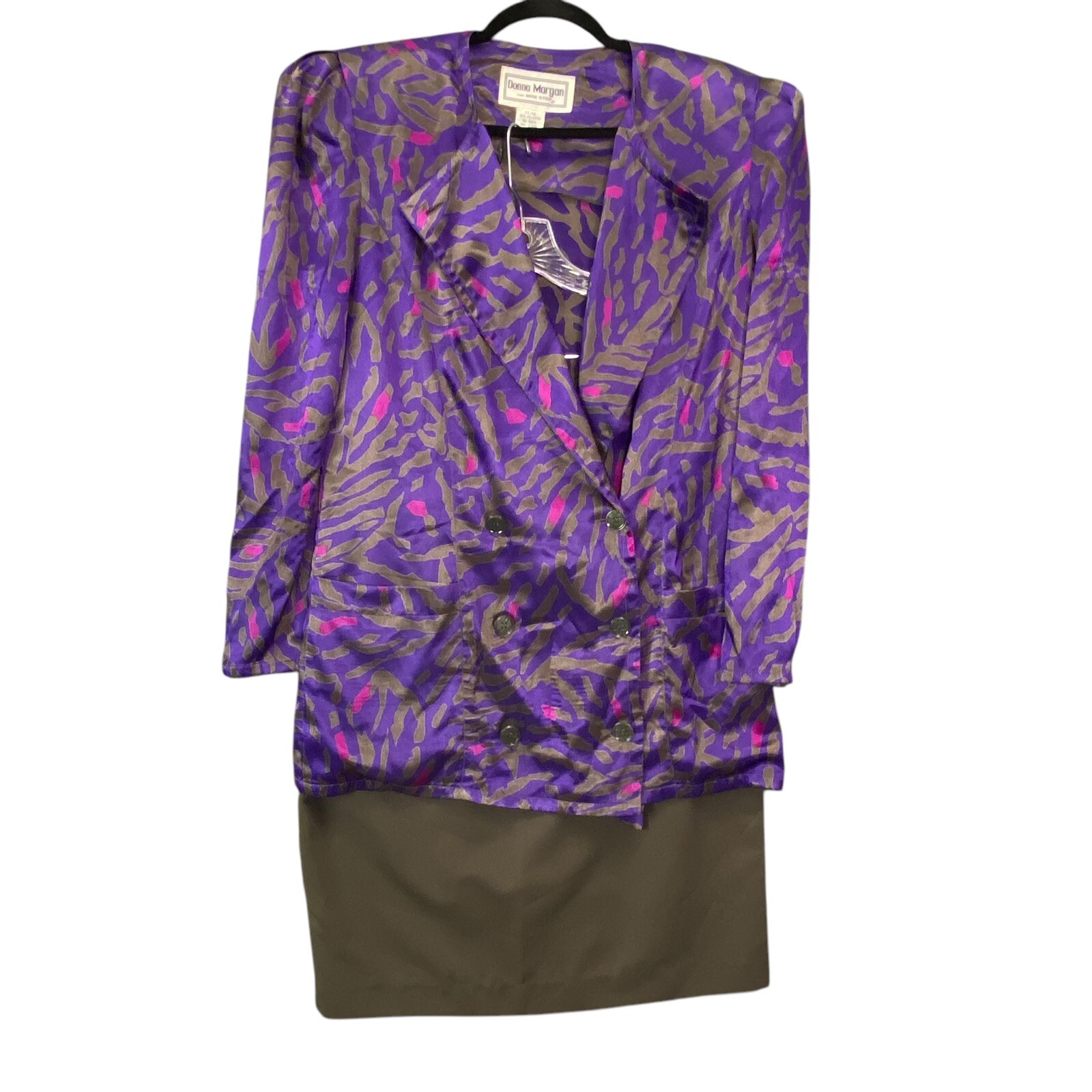 Vtg DONNA MORGAN Women Blazer Skirt Set Sz 11/12 Purple Green Event Party 72-6