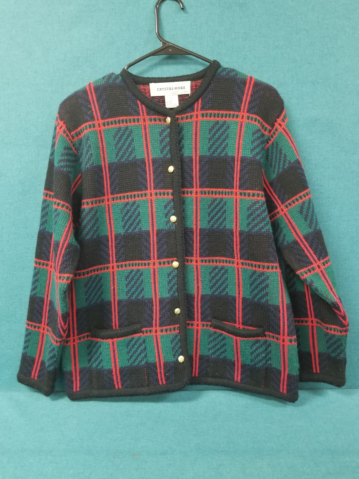 VTG Crystal Kobe Red/Green/Black Plaid Gold Button Cardigan Sweater Size Medium