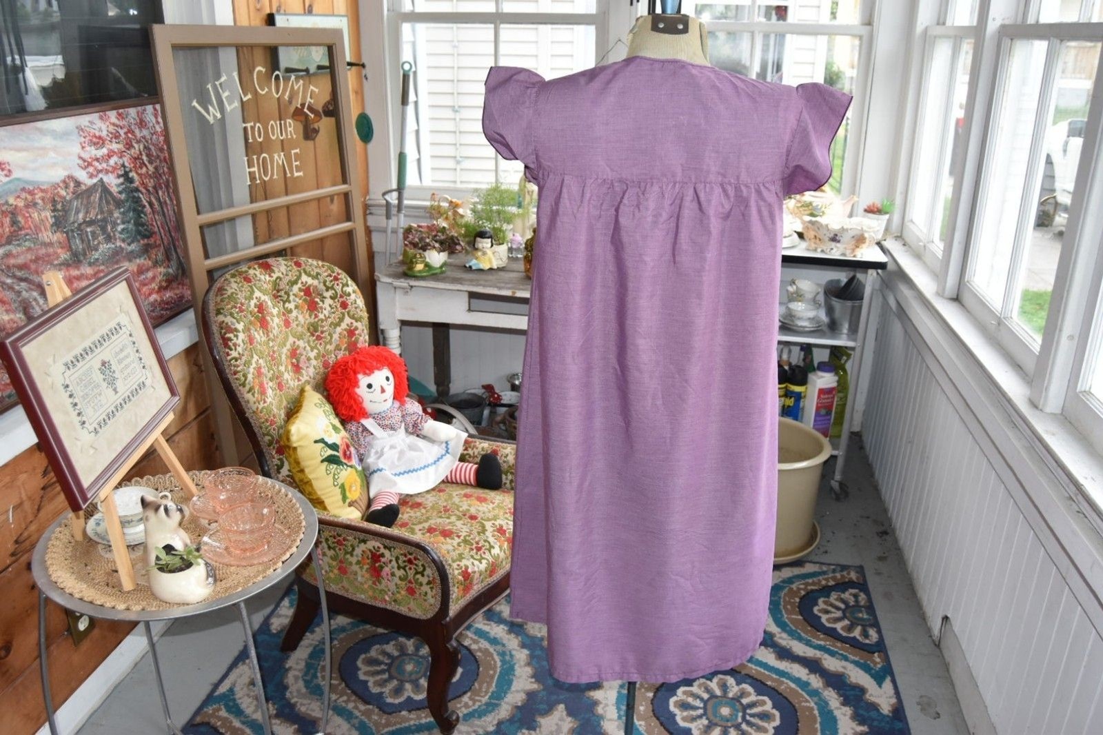 60s 'Gragero’ Cotton Nightie Embroidered Hand Dyed Ruffles-Pocket Purple-Medium