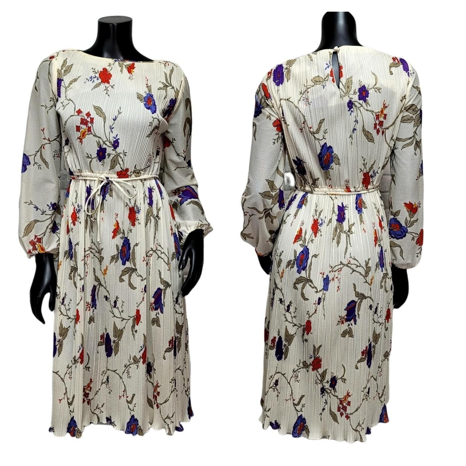 Liz Roberts Inc Vintage Floral Accordion Pleat Midi Dress Cream Purple Red 7/8