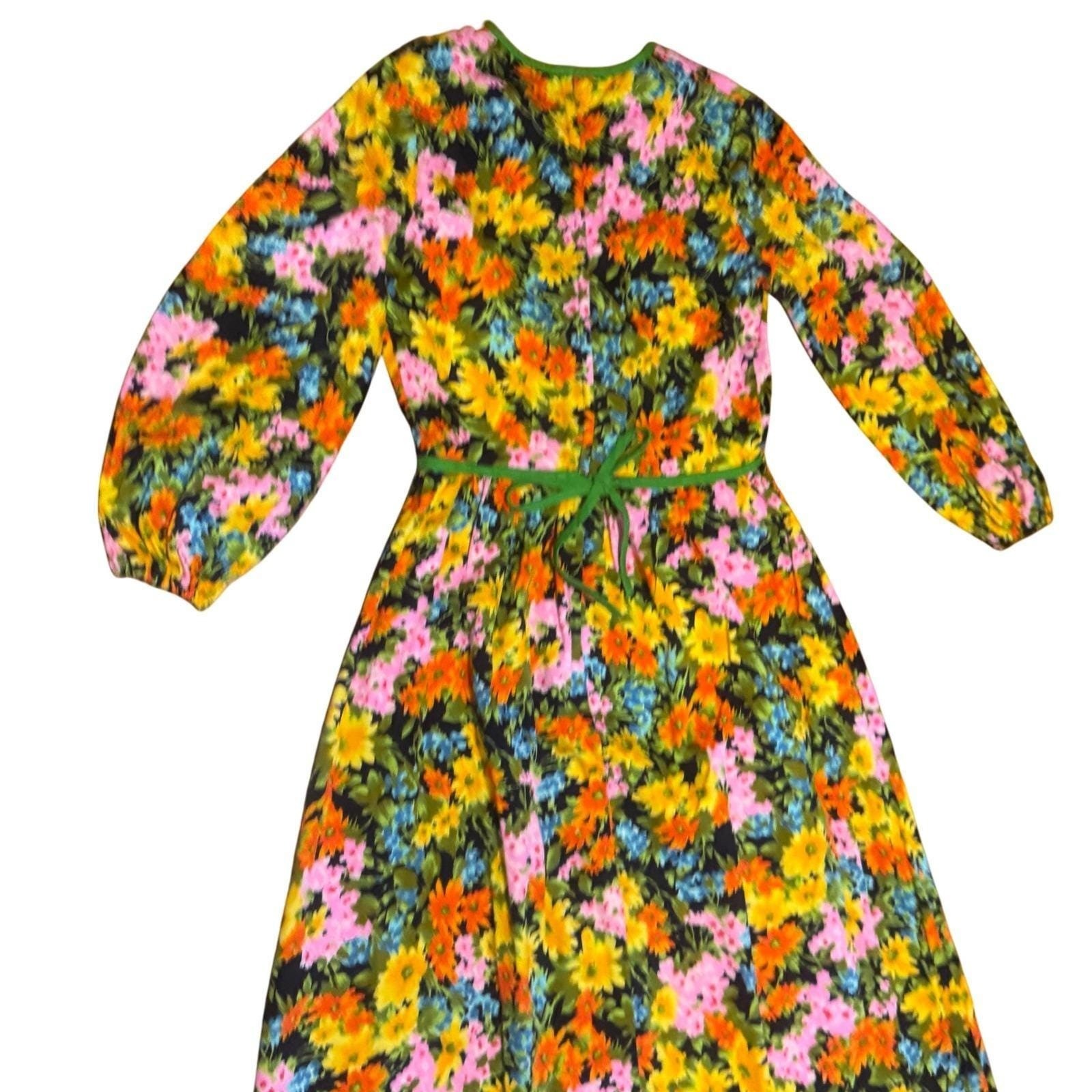 Vintage Tori Richard Honolulu Floral Barkcloth Maxi Dress Green Orange 70s Boho