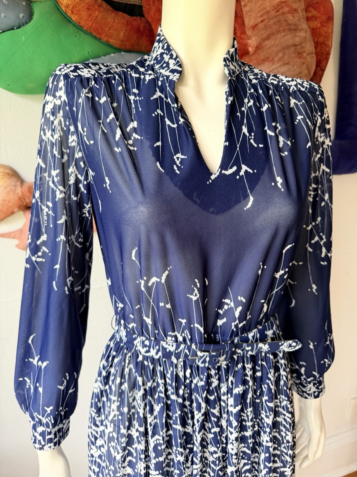 Vintage 1970s 1980s OP ART DRESS Semi-sheer Navy Blue Murray Meisner Secretary M