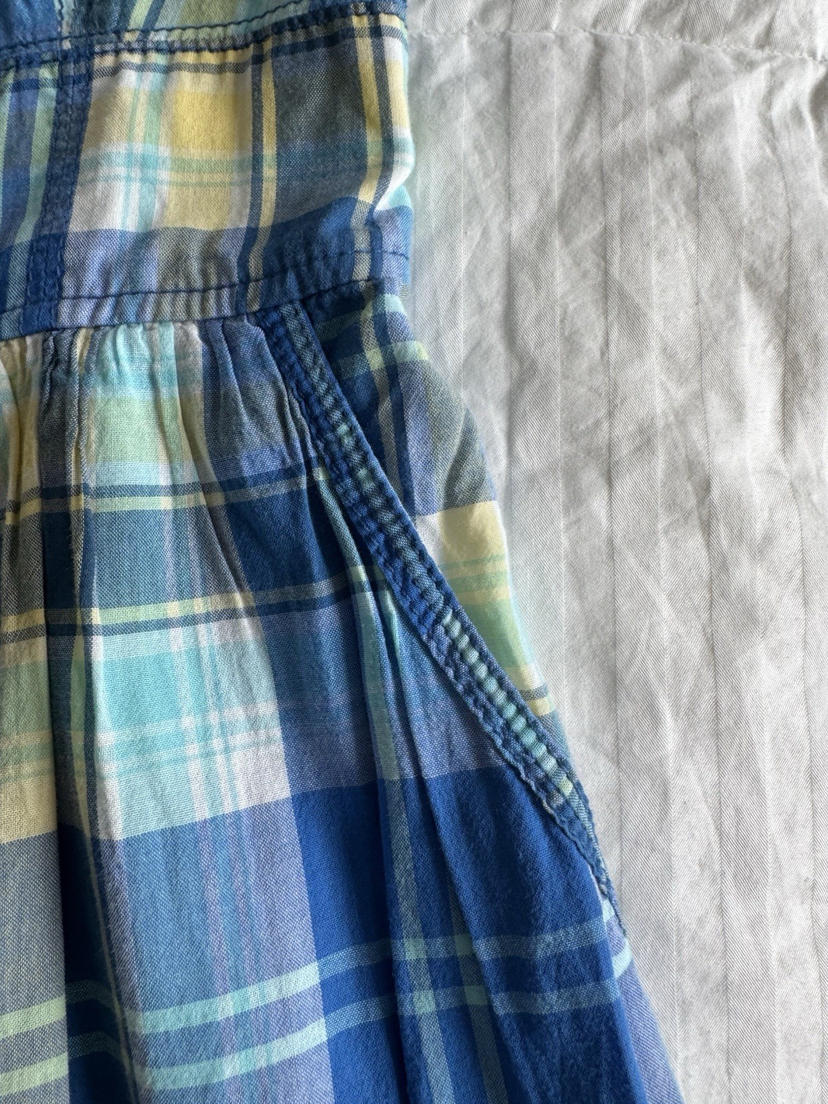 Vintage Y2K Abercrombie Blue Yellow Green Plaid Smocked Mini Sundress Sz Medium