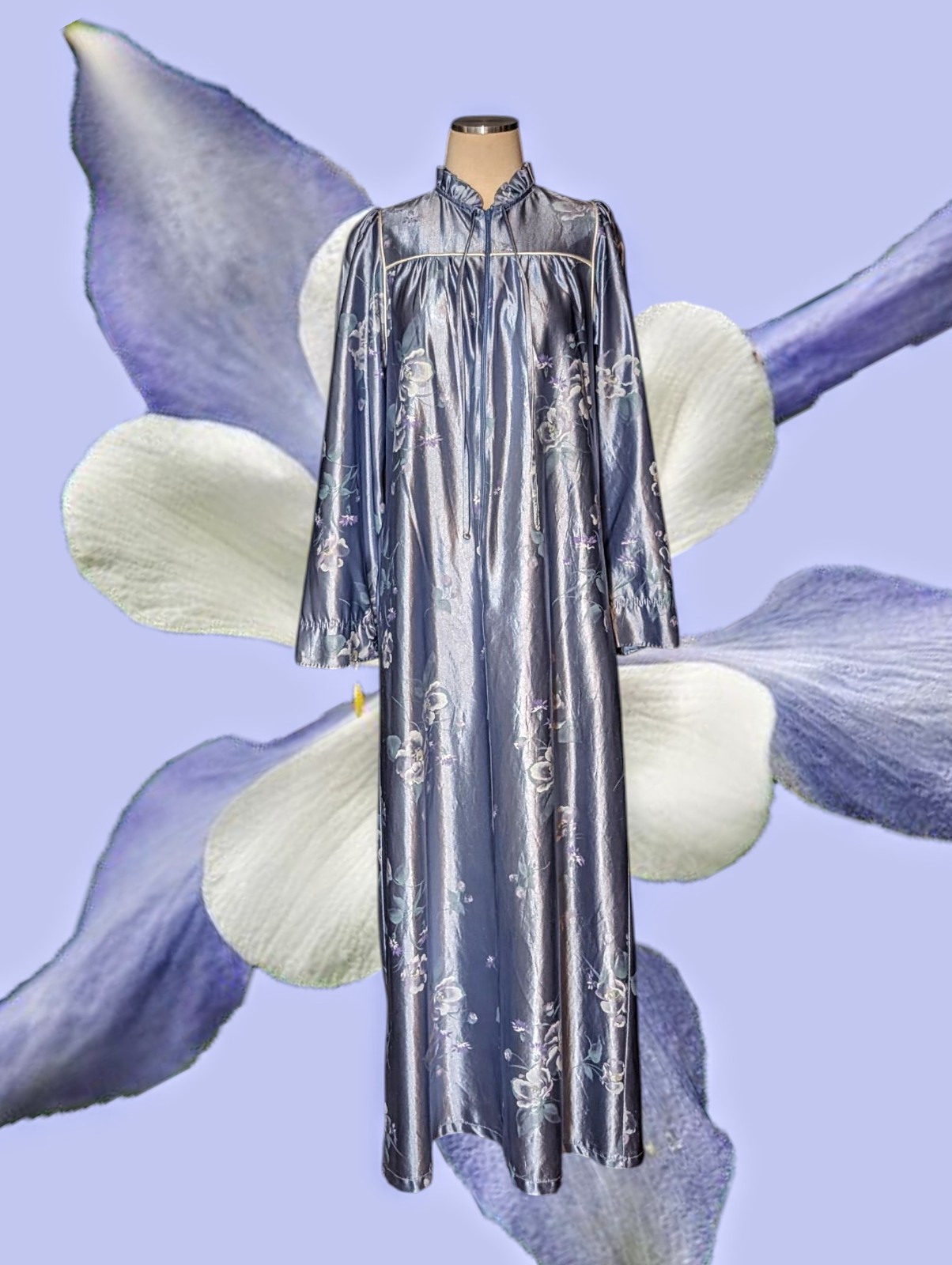 JC PENNEY Purple SATIN Floral Half Zip Nightgown FULL LENGTH Robe Women’s Small