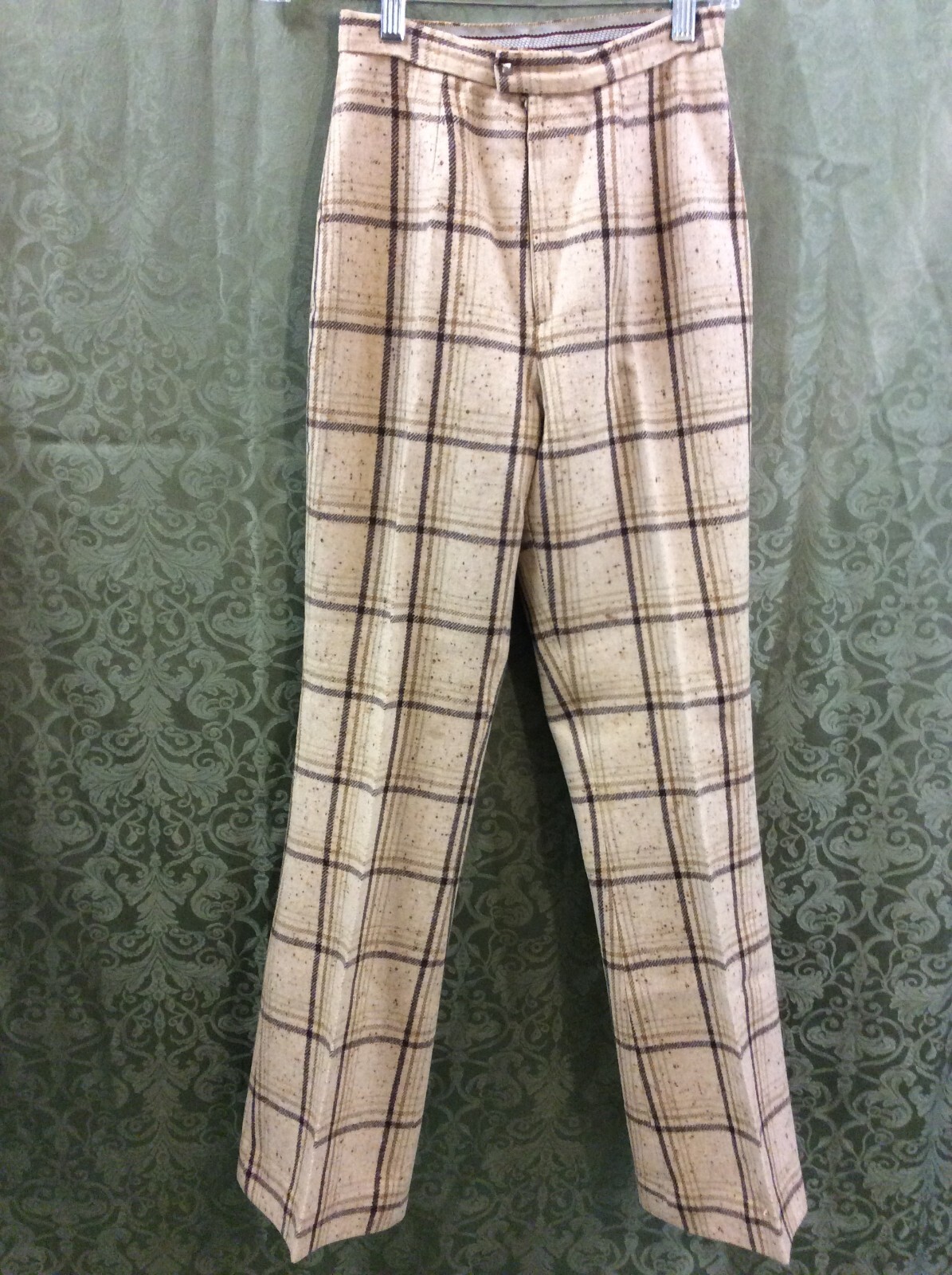 wool Suit XS 34 top 22X28.5 pant tan Brown 2 Piece Pant Suit Vintage 70’s plaid