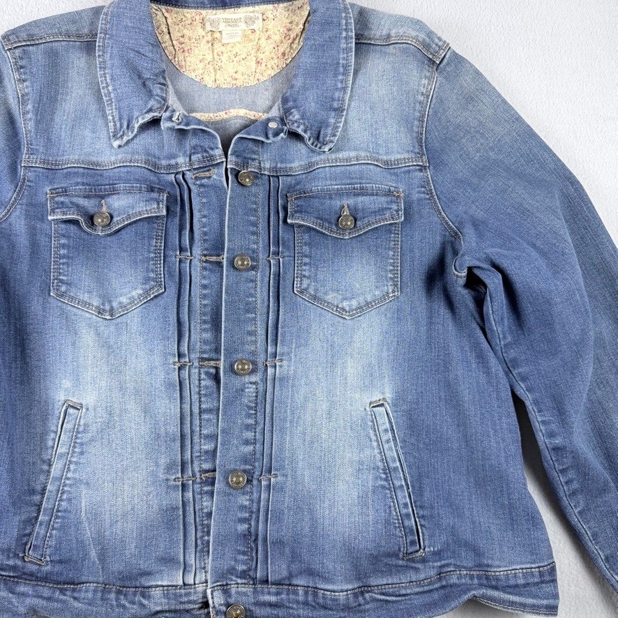 Vintage America Blues Denim Jean Jacket XL Floral Lined Stretch Trucker Blue