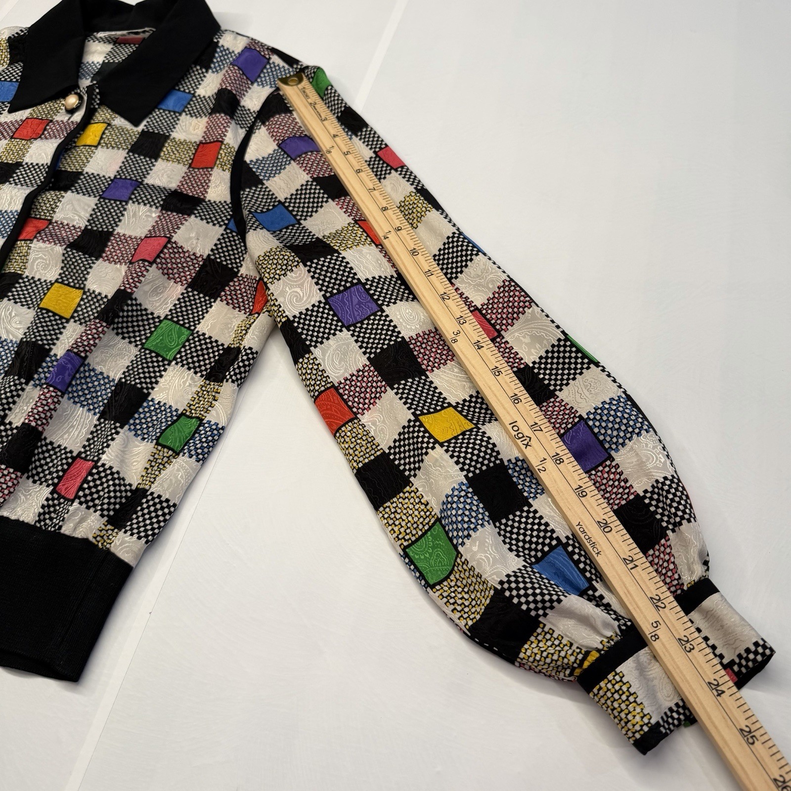Vtg Geometric Colorblock Polyester Andrea Gayle Secretary Geek Blouse Sz 14