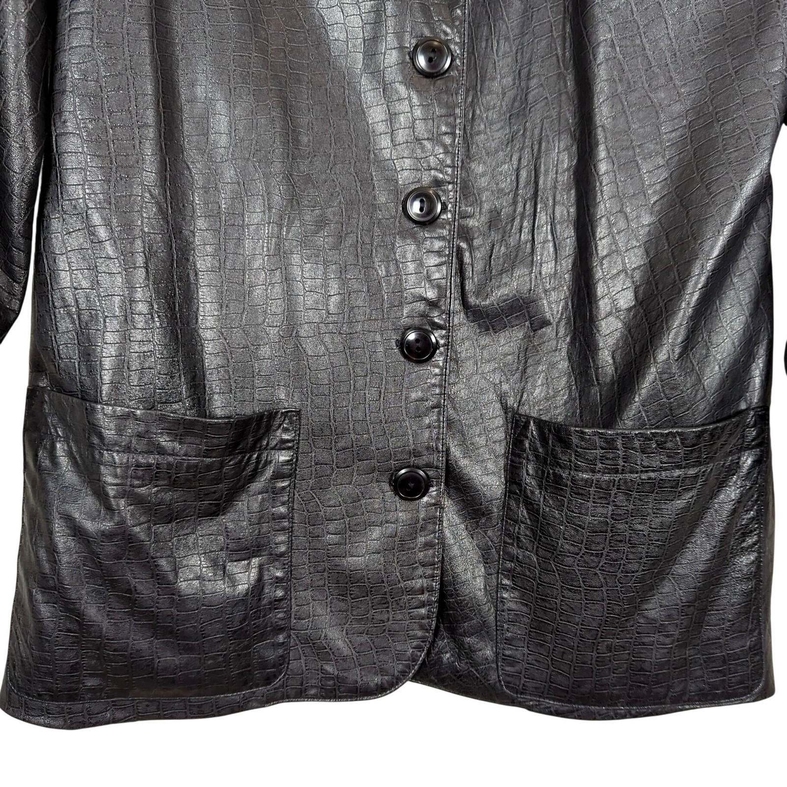 Vintage Vakko Leather Black Jacket Size M Croc Embossed USA Made Button Front