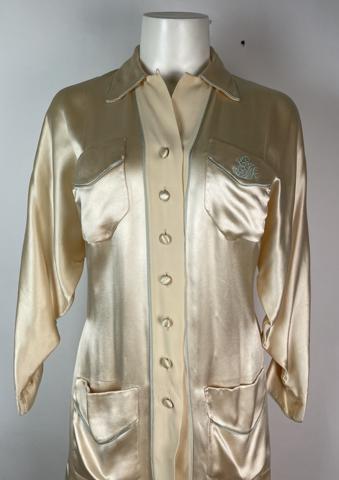 Vintage 40s 50s Satin Silk Two PC Loungewear Belted Blouse Pant Set Monogram S/M