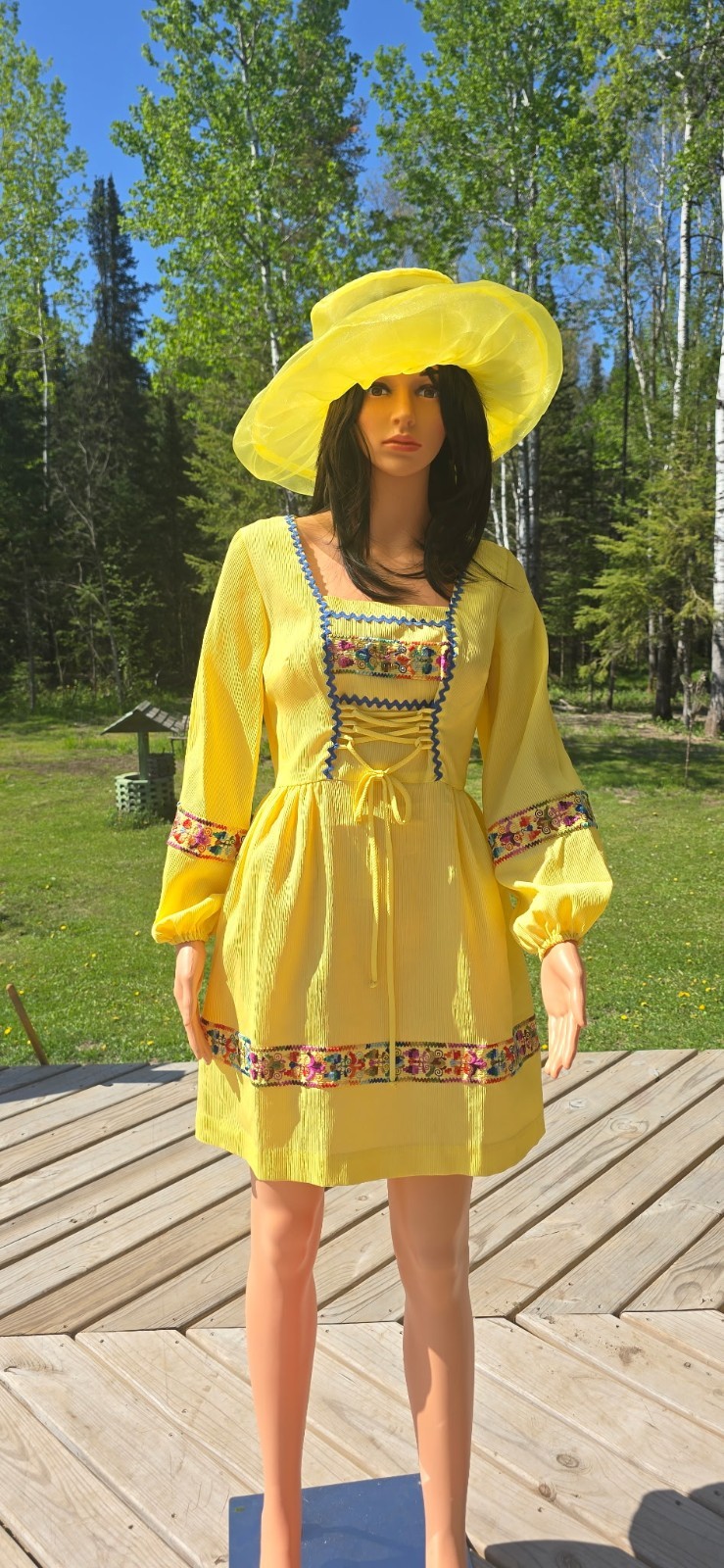 VTG 70s Yellow Corduroy Mini Peasant Dress Embroidered Lace Up Dirndl Boho