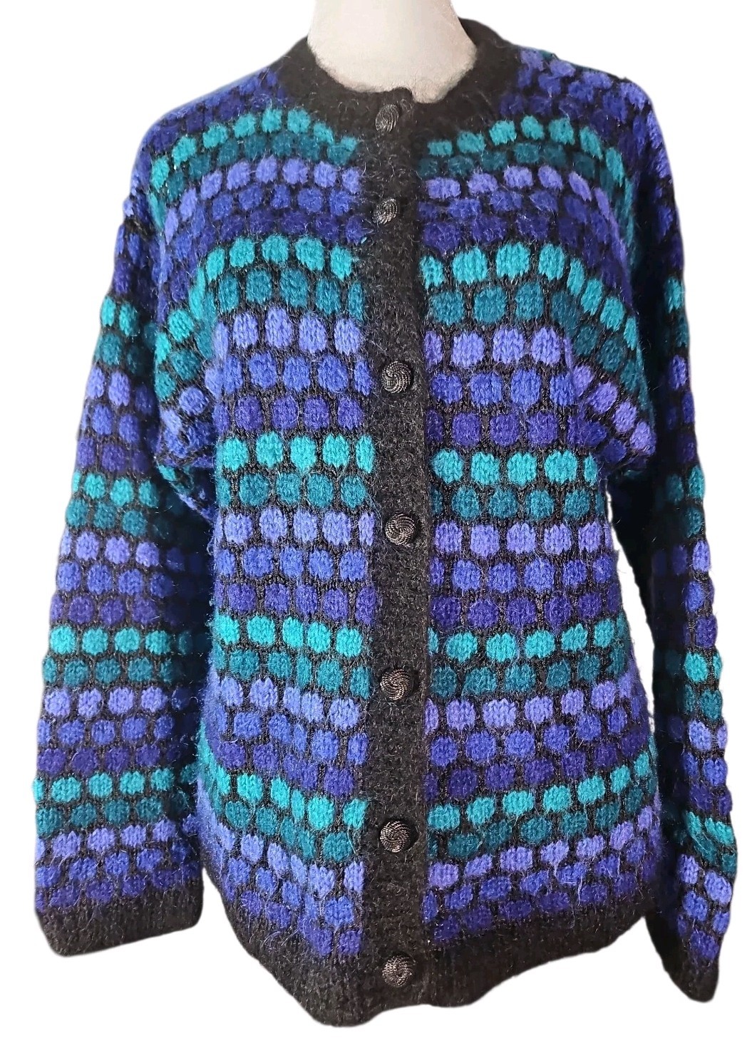 Vtg Robert Scott LTD Hand Knit Mohair Blend Cardigan Sweater Blue Teal Size L