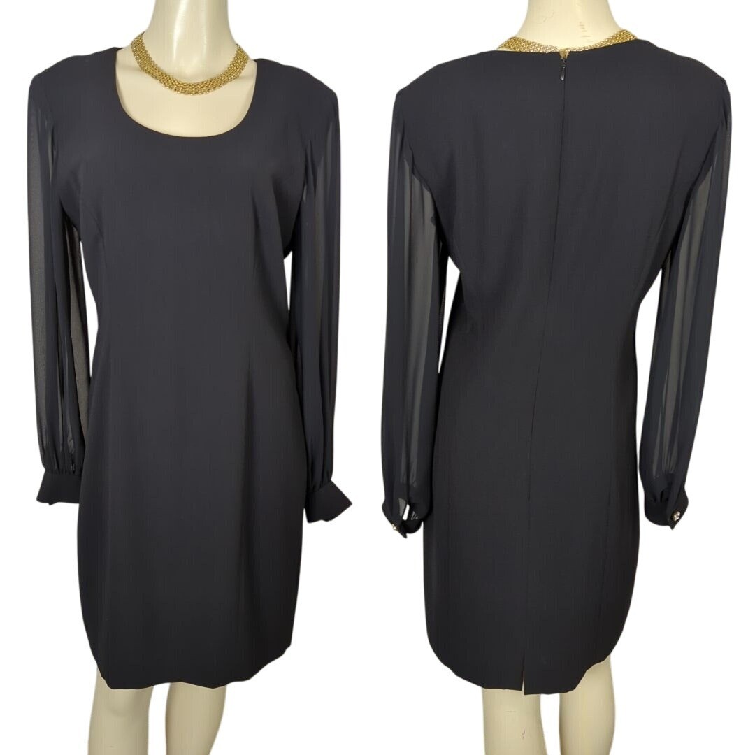 Liz Claiborne sheer long sleeve career cocktail sheath black Vintage dress 10