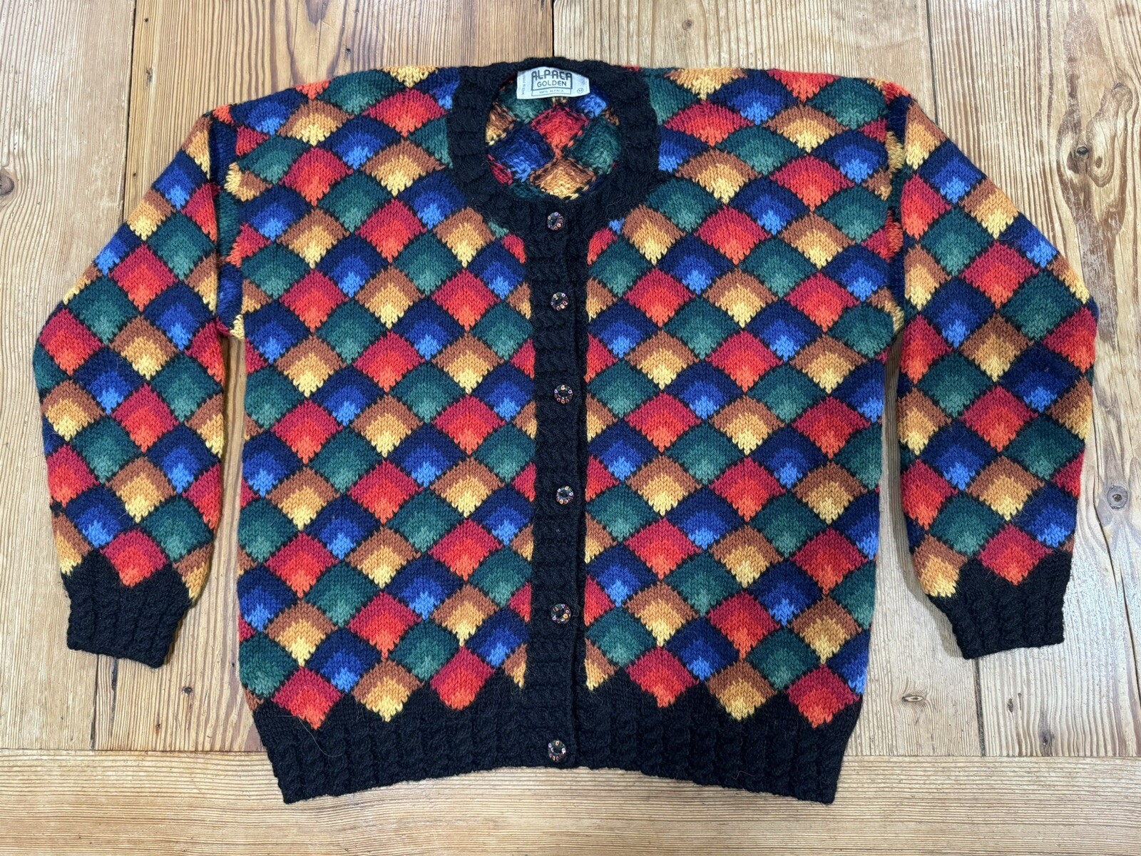 Vintage Alpaca Golden Women’s Sweater Sz Medium M Art To Wear Geometric Cardigan