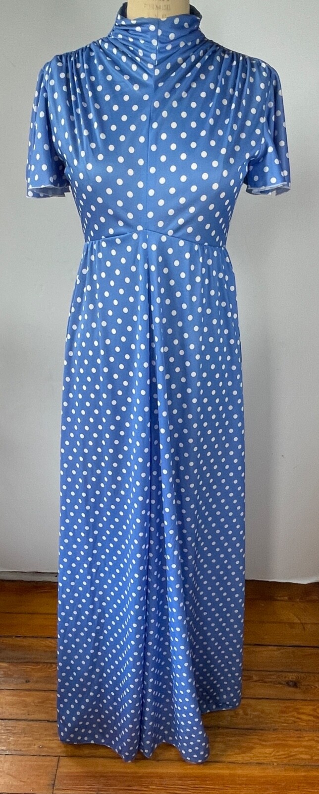 VTG 70’S HOUSE OF BIANCHI*BLUE WHITE POLKA DOT MAZI DRESS*10 FITS LIKE CURRENT S