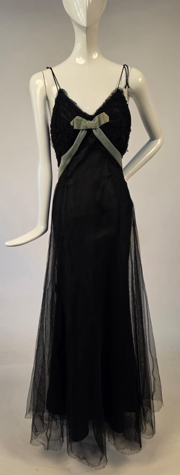 ANTIQUE 1930’S BLACK NET + RUFFLE LONG DRESS W TAFFETA LINING + VELVET TRIM
